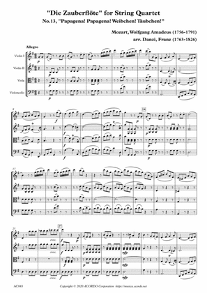 Book cover for "Die Zauberflöte" for String Quartet, No.13, "Papagena! Papagena! Weibchen! Täubchen!"