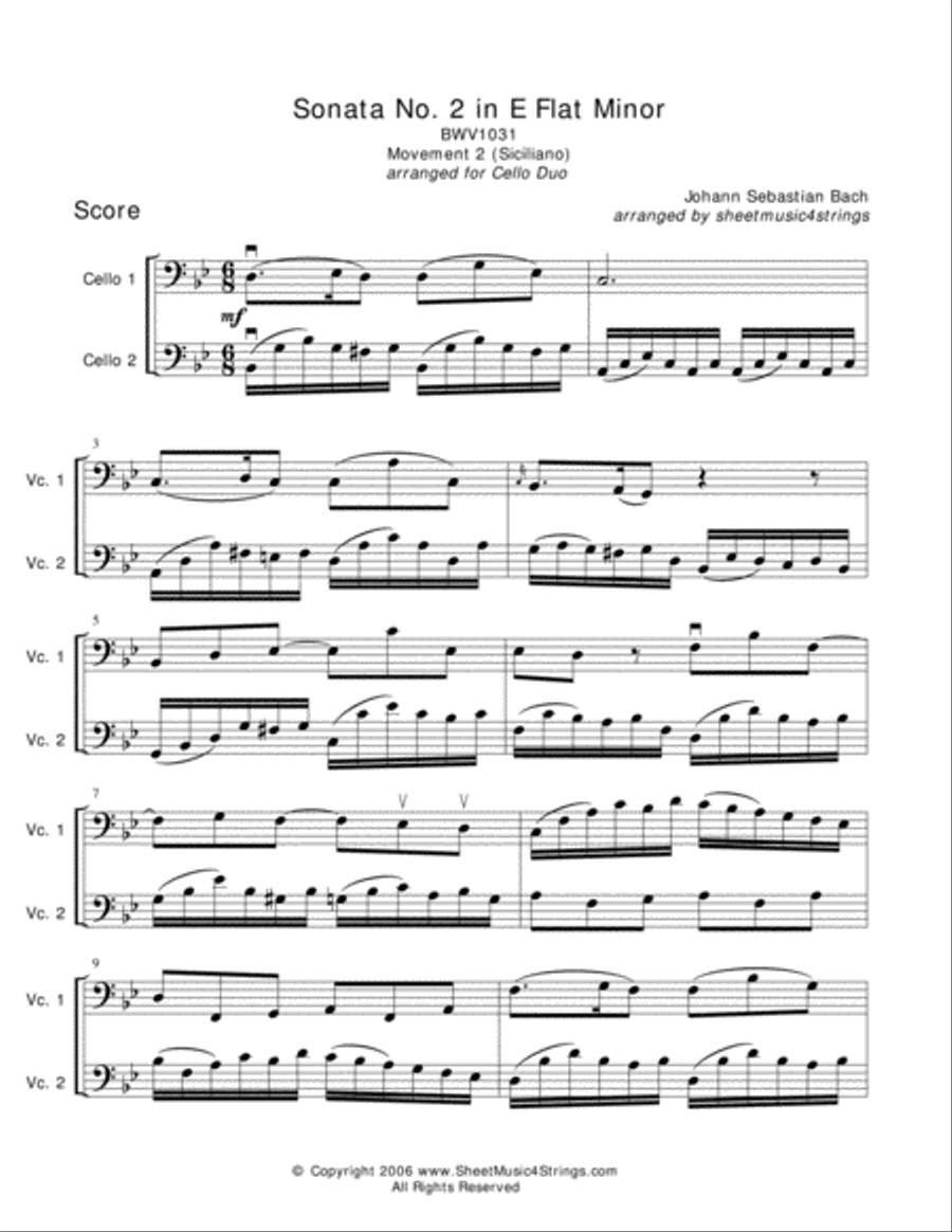 Bach, J.S. - Siciliano for Two Cellos String Duet scores gallery preview page 1