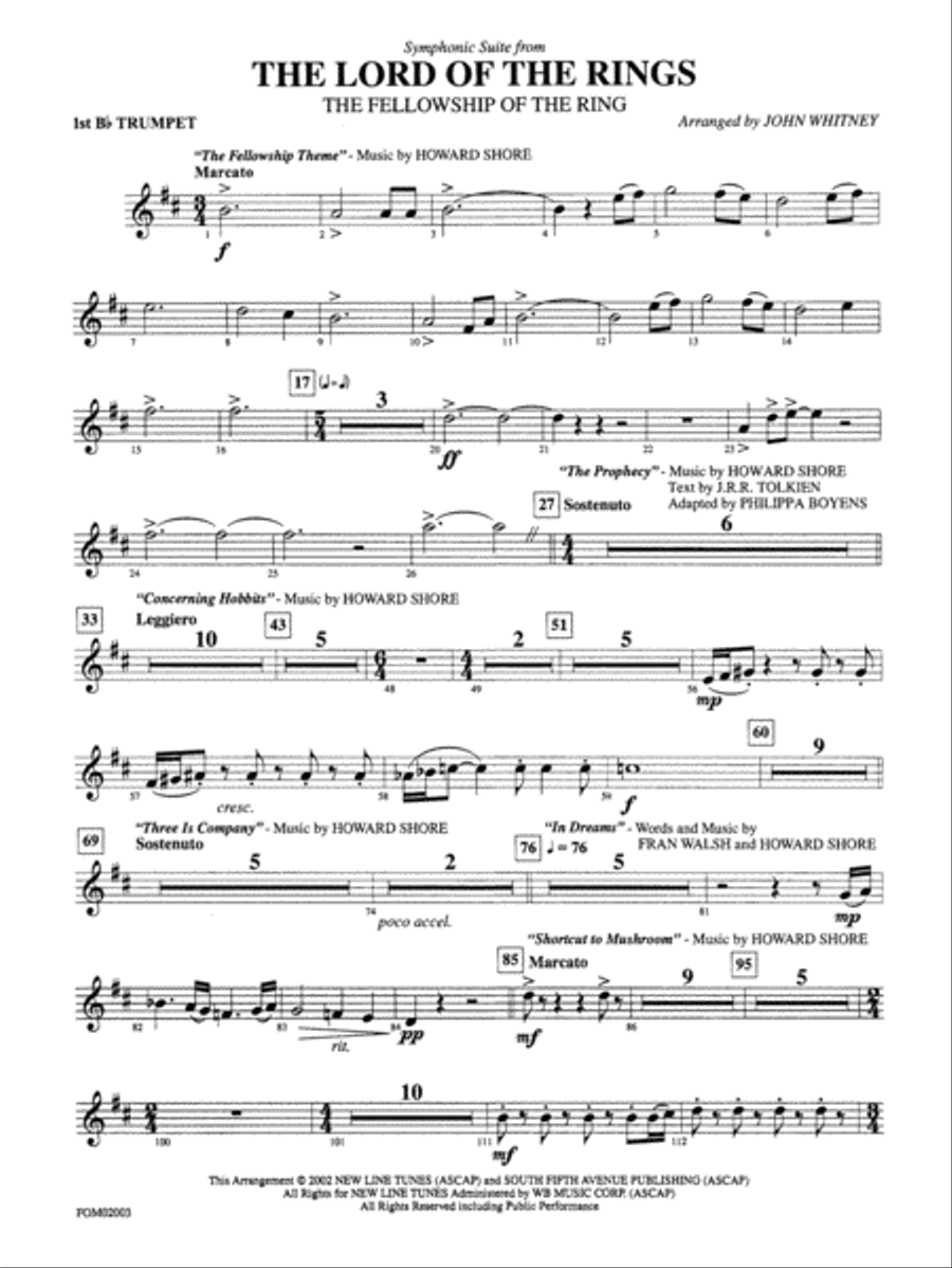 The Lord of the Rings: The Fellowship of the Ring, Symphonic Suite from: 1st B-flat Trumpet Full Orchestra scores gallery preview page 1