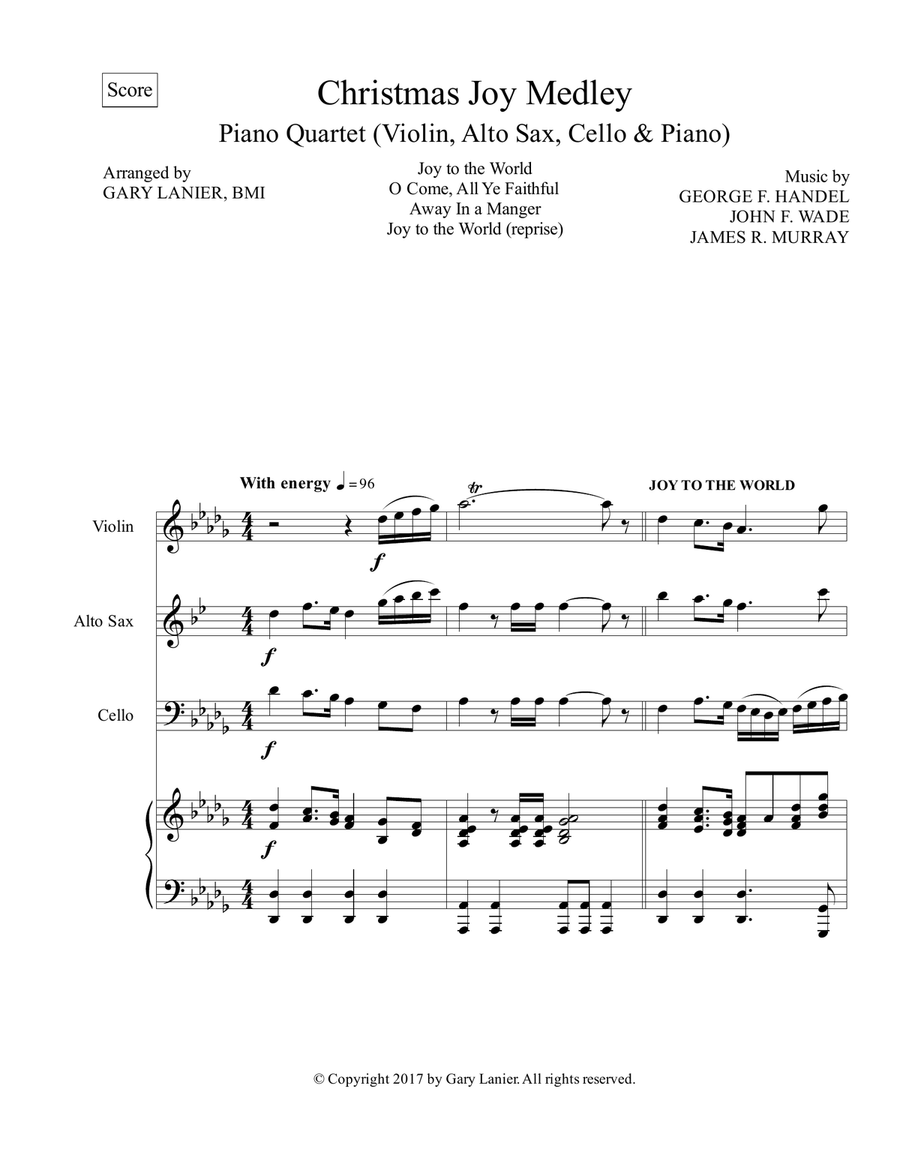CHRISTMAS JOY MEDLEY (Piano Quartet - Violin, Alto Sax, Cello and Piano with Score & Parts) Piano Quartet scores gallery preview page 2