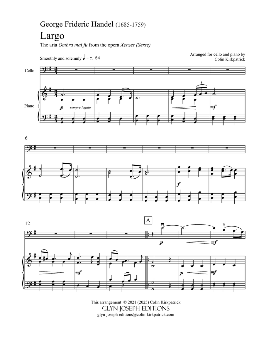 Handel: Largo (from Xerxes) for cello and piano Piano scores gallery preview page 2