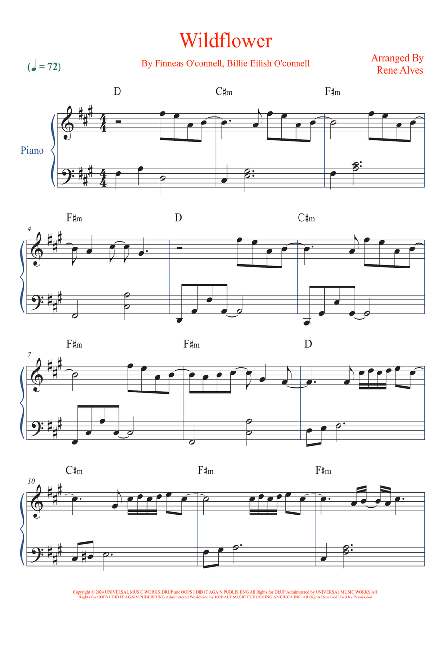 Wildflower Easy Piano scores gallery preview page 1