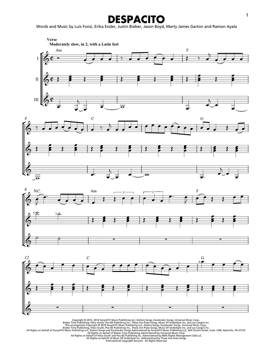 Despacito Guitar Ensemble scores gallery preview page 1