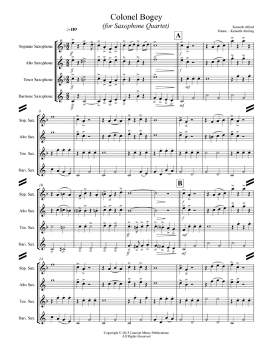 March - “Colonel Bogey” (for Saxophone Quartet SATB) Saxophone Quartet scores gallery preview page 2