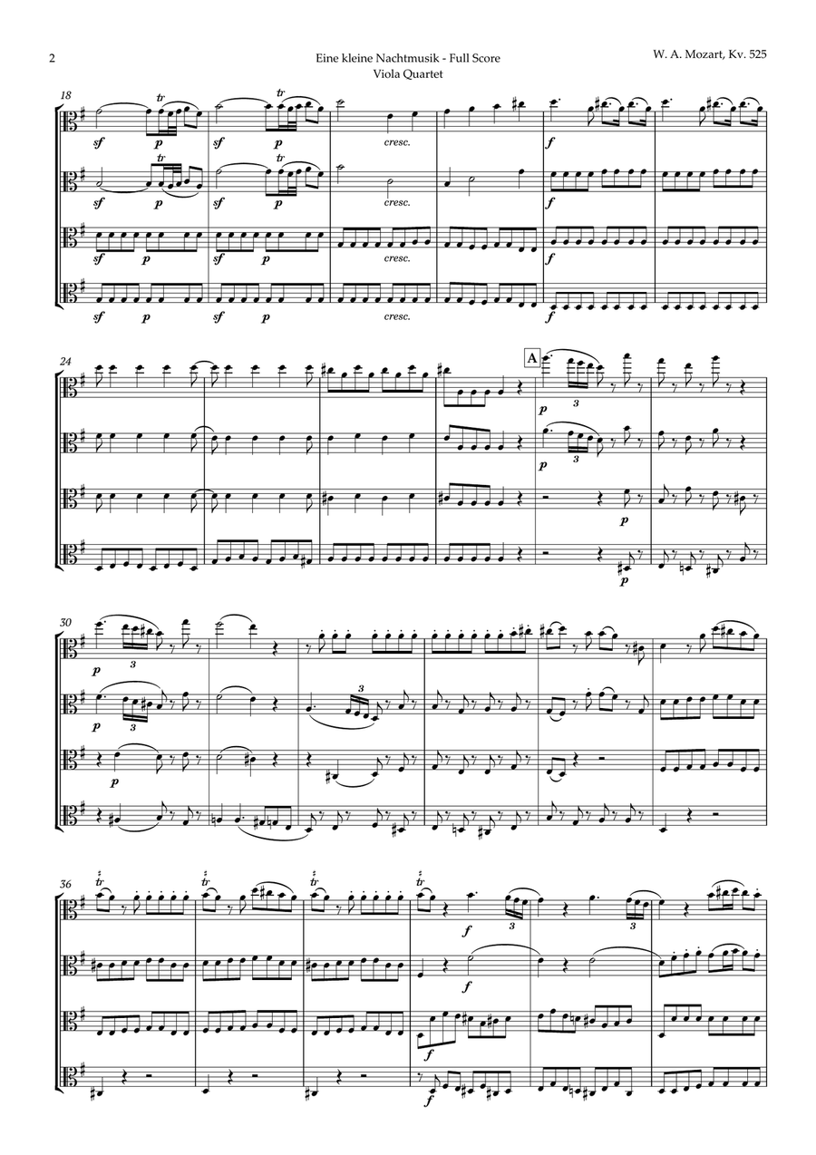 Eine kleine Nachtmusik by Mozart for Viola Quartet String Quartet scores gallery preview page 2