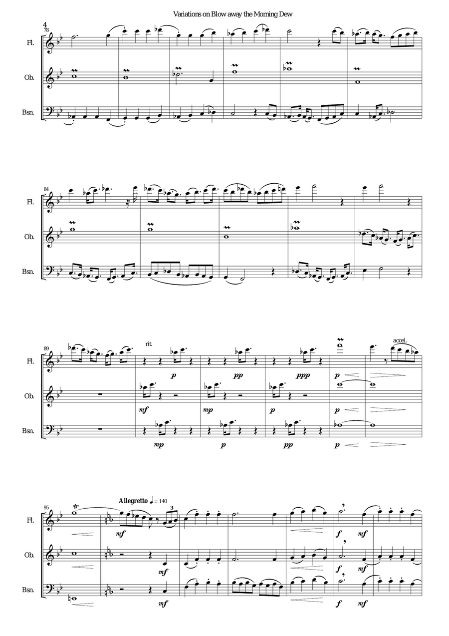 Variations on Blow away the morning dew for wind trio (flute, oboe, bassoon) Woodwind Trio scores gallery preview page 4