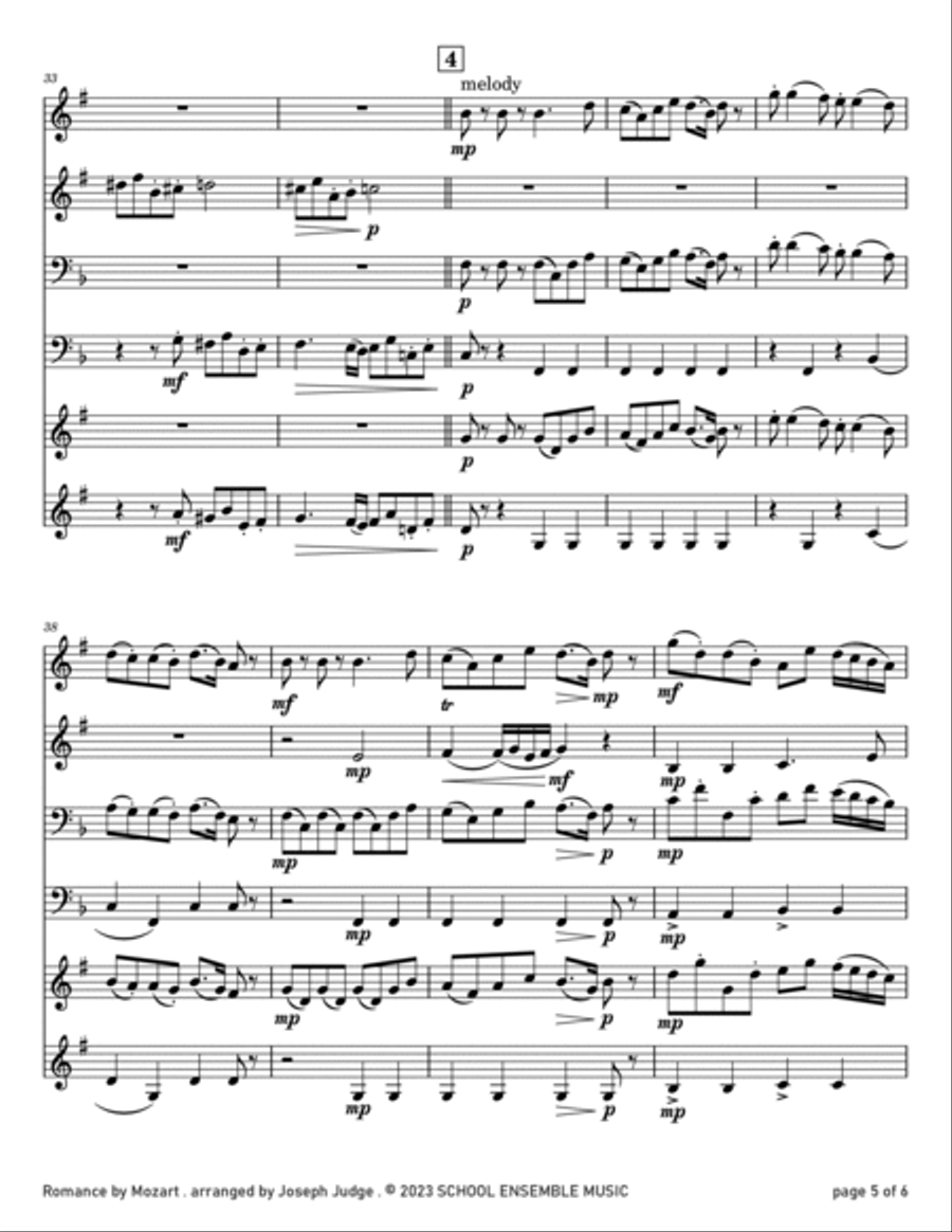 Romance by Mozart for Brass Quartet in Schools Brass Quartet scores gallery preview page 5