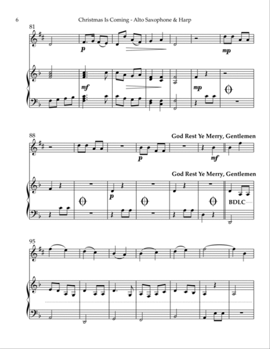 Christmas is Coming, Duet for Eb Alto Saxophone & Harp Alto Saxophone scores gallery preview page 6