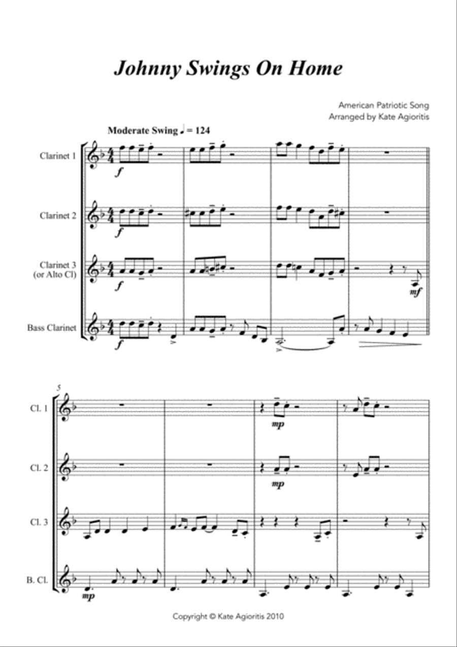 Johnny Swings On Home (When Johnny Comes Marching Home) - for Clarinet Quartet Clarinet Quartet scores gallery preview page 3