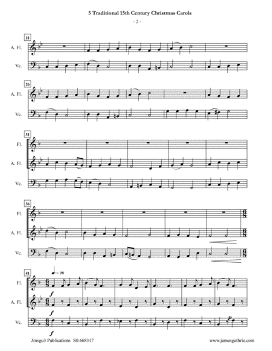 5 Traditional 15th Century Christmas Carols for Flute, Alto Flute & Cello Flute scores gallery preview page 2