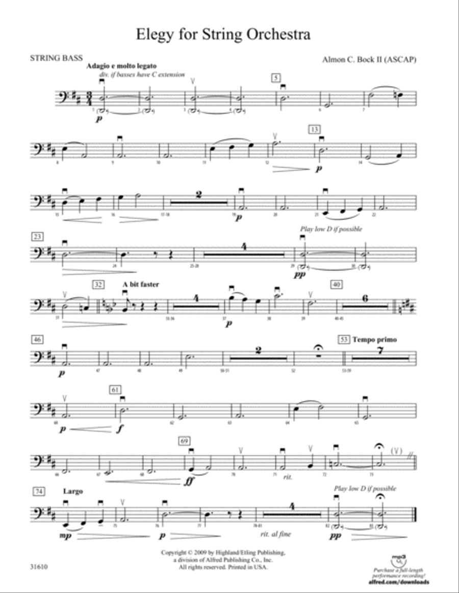 Elegy for String Orchestra: String Bass String Orchestra scores gallery preview page 1