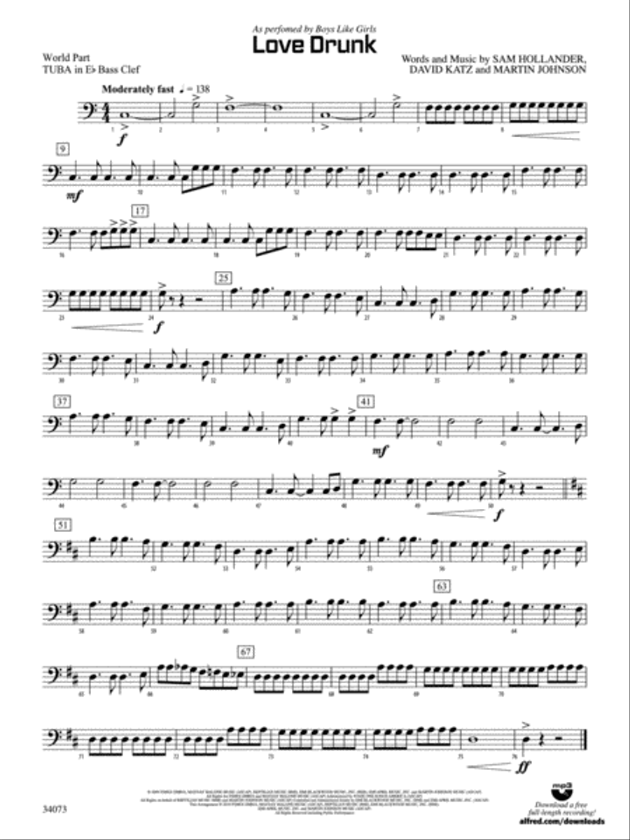 Love Drunk: (World Part) E-flat Tuba B.C. Concert Band scores gallery preview page 1
