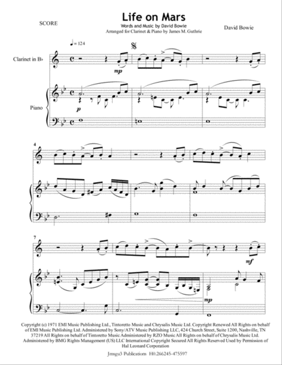 Life On Mars B-Flat Clarinet scores gallery preview page 1