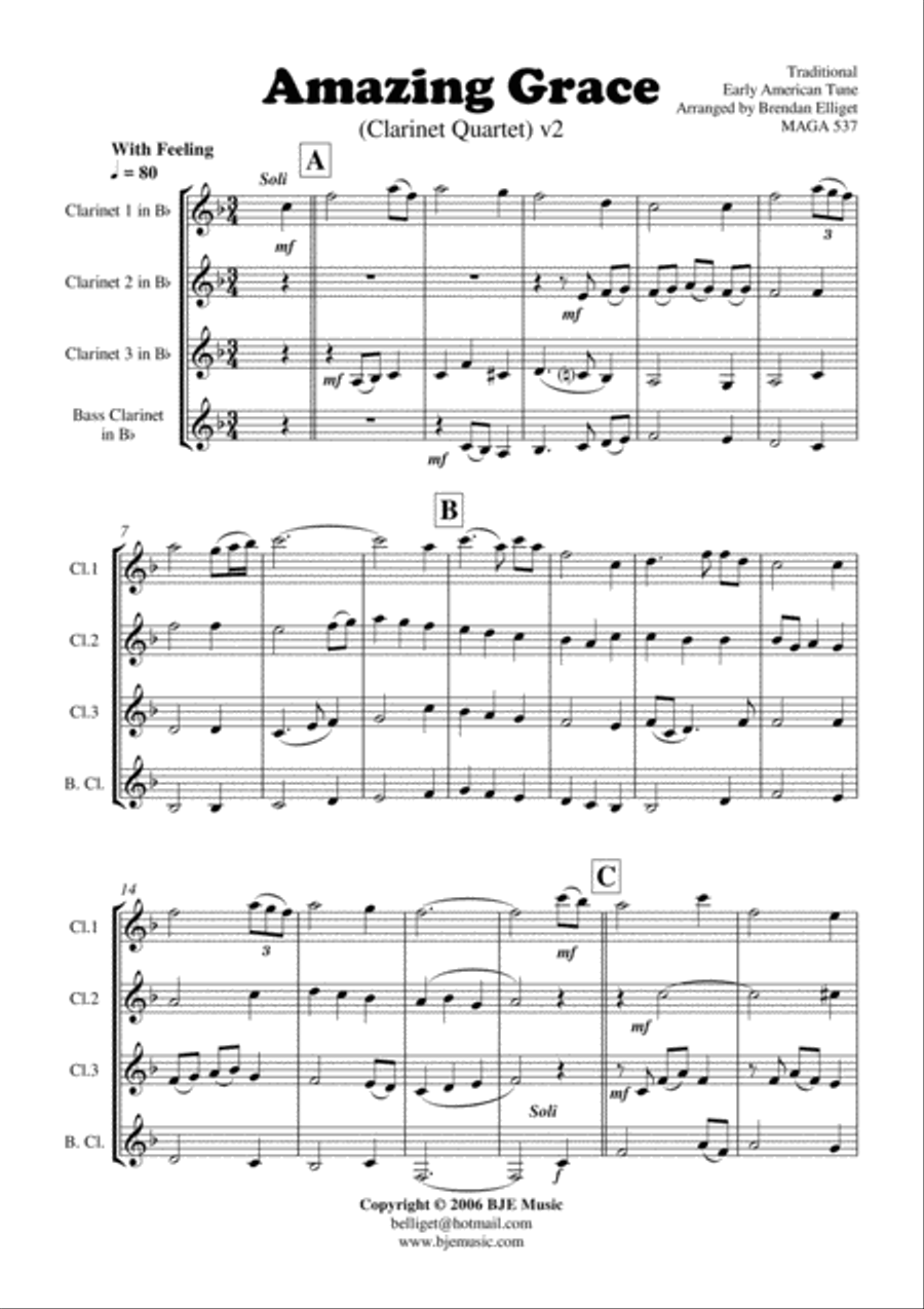 Amazing Grace - Clarinet Quartet Score and Parts PDF Clarinet Quartet scores gallery preview page 2