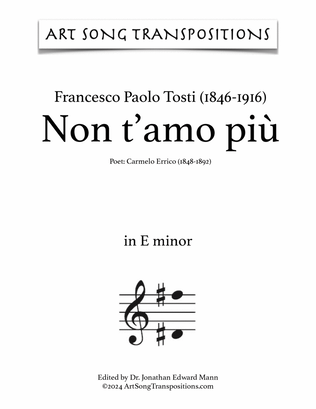 Book cover for TOSTI: Non t'amo più (transposed to E minor)