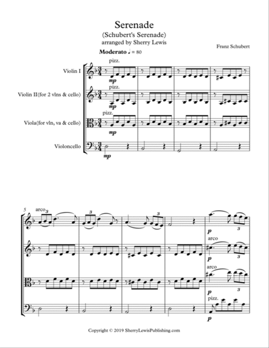 SCHUBERT SERENADE String Trio, Intermediate Level for 2 violins and cello or violin, viola and cell String Trio scores gallery preview page 4