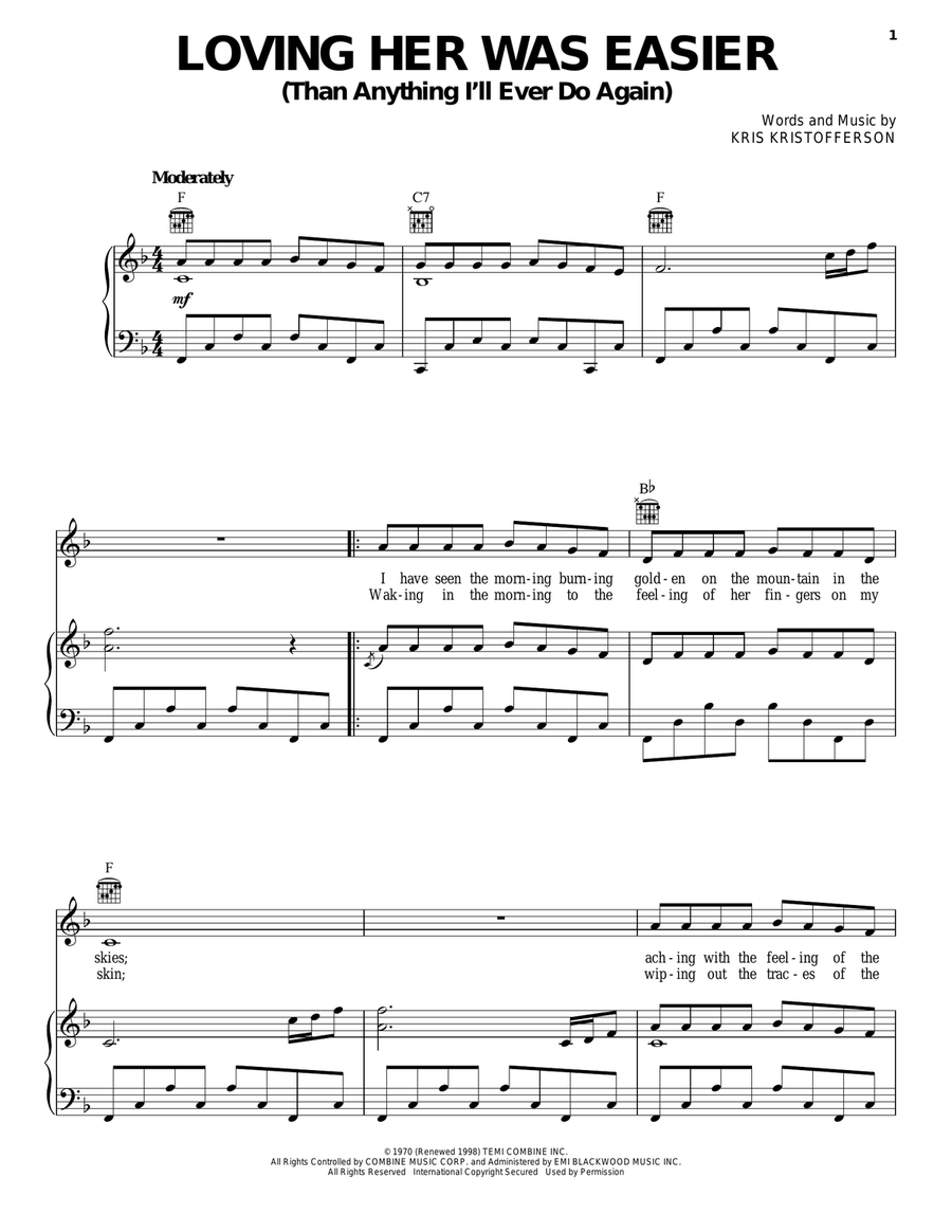 Loving Her Was Easier (Than Anything I'll Ever Do Again) Piano, Vocal, Guitar scores gallery preview page 1