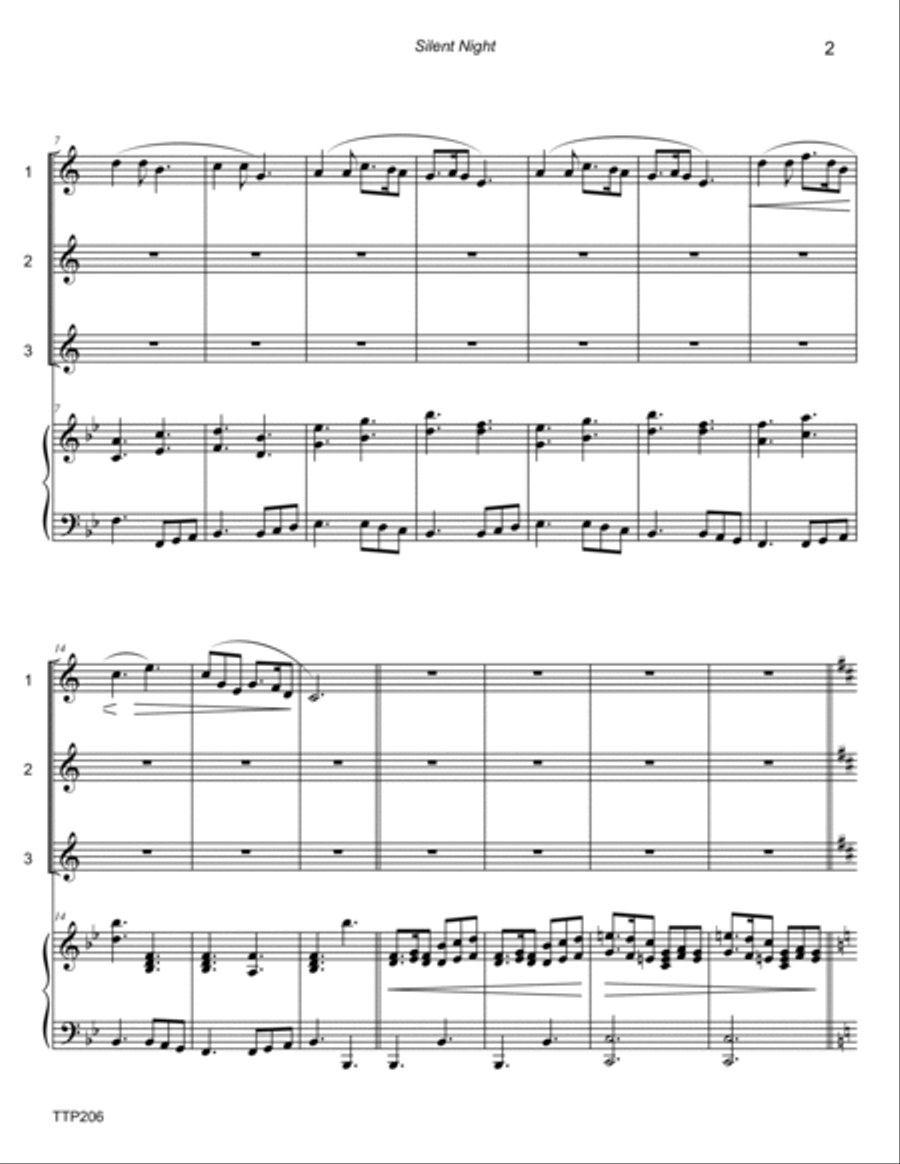 SILENT NIGHT - 1, 2 or 3 Bb TREBLE INSTRUMENTS with Piano Accompaniment Small Ensemble scores gallery preview page 2