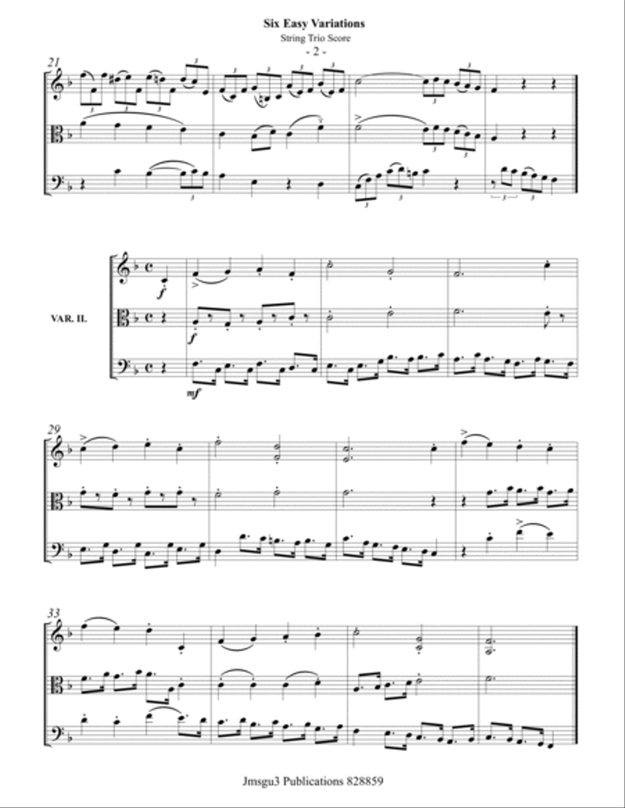 Beethoven: Six Easy Variations on a Swiss Theme WoO 64 for String Trio - Score Only String Trio scores gallery preview page 2