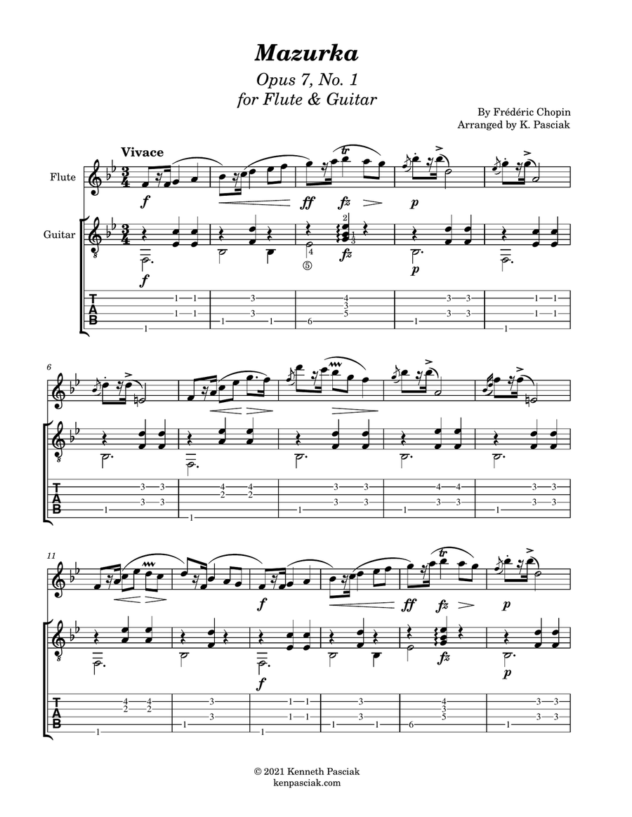 Mazurka Opus 7, No. 1 (for Flute and Guitar) Flute scores gallery preview page 3