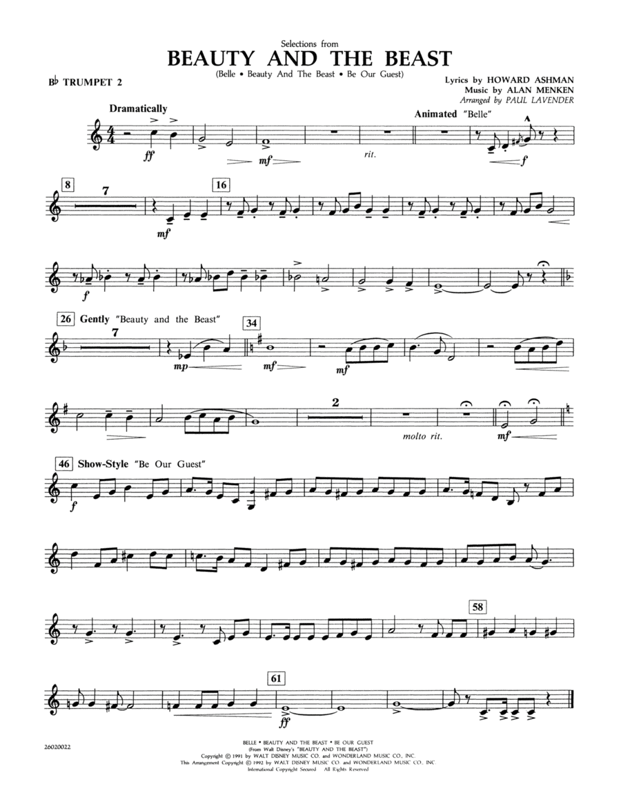 Selections from Beauty and the Beast - Bb Trumpet 2 Concert Band scores gallery preview page 1