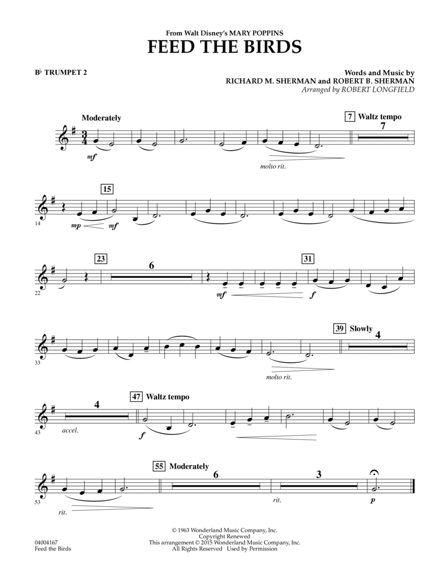 Feed the Birds (from Mary Poppins) - Bb Trumpet 2 Concert Band scores gallery preview page 1