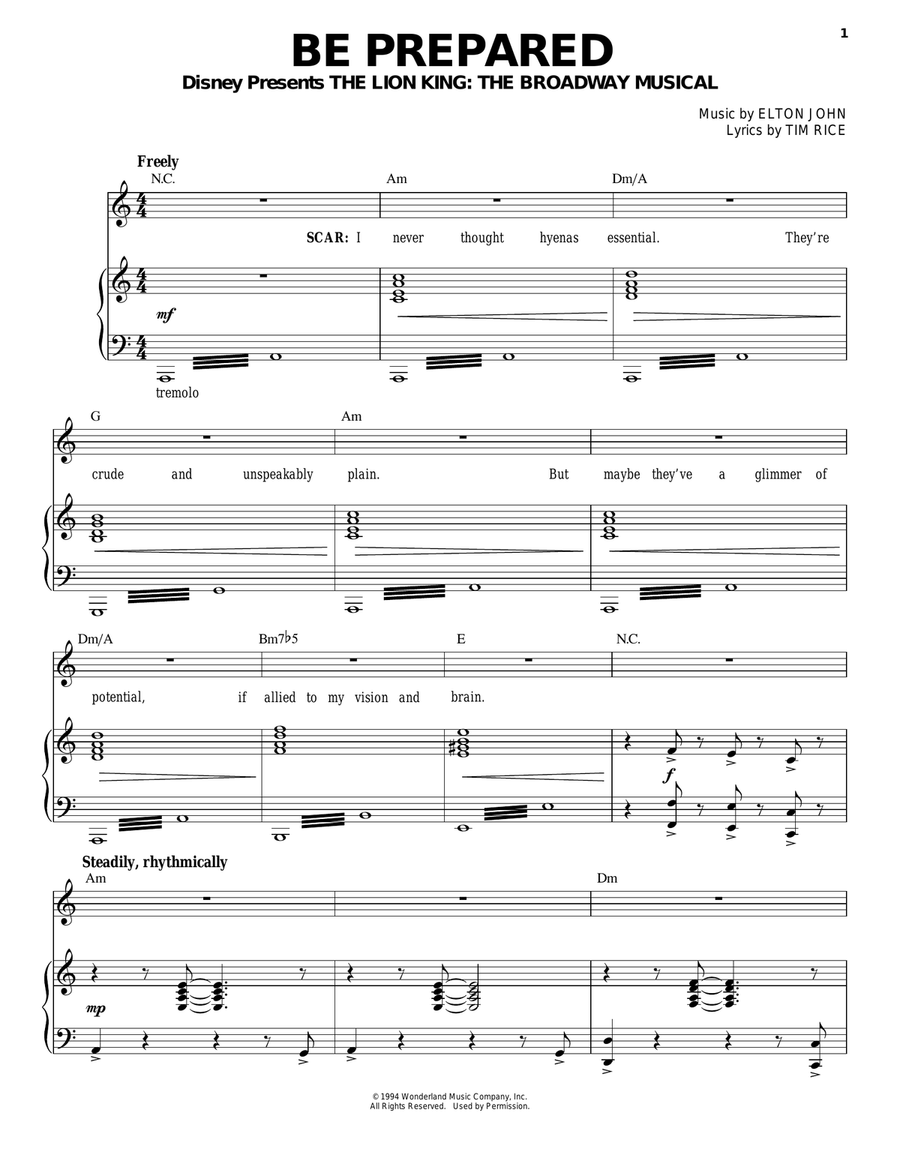 Be Prepared (from The Lion King: Broadway Musical) Piano, Vocal, Guitar scores gallery preview page 1