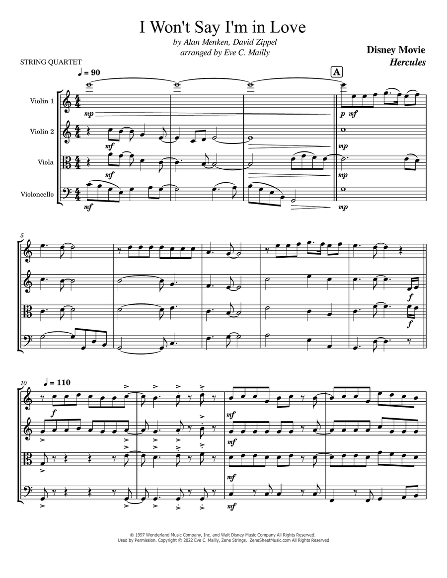 I Won't Say (i'm In Love) String Quartet scores gallery preview page 1