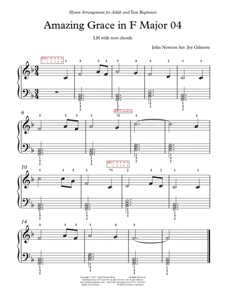 Amazing Grace in F major very easy to intermediate, 8 piano arrangements especially for adults