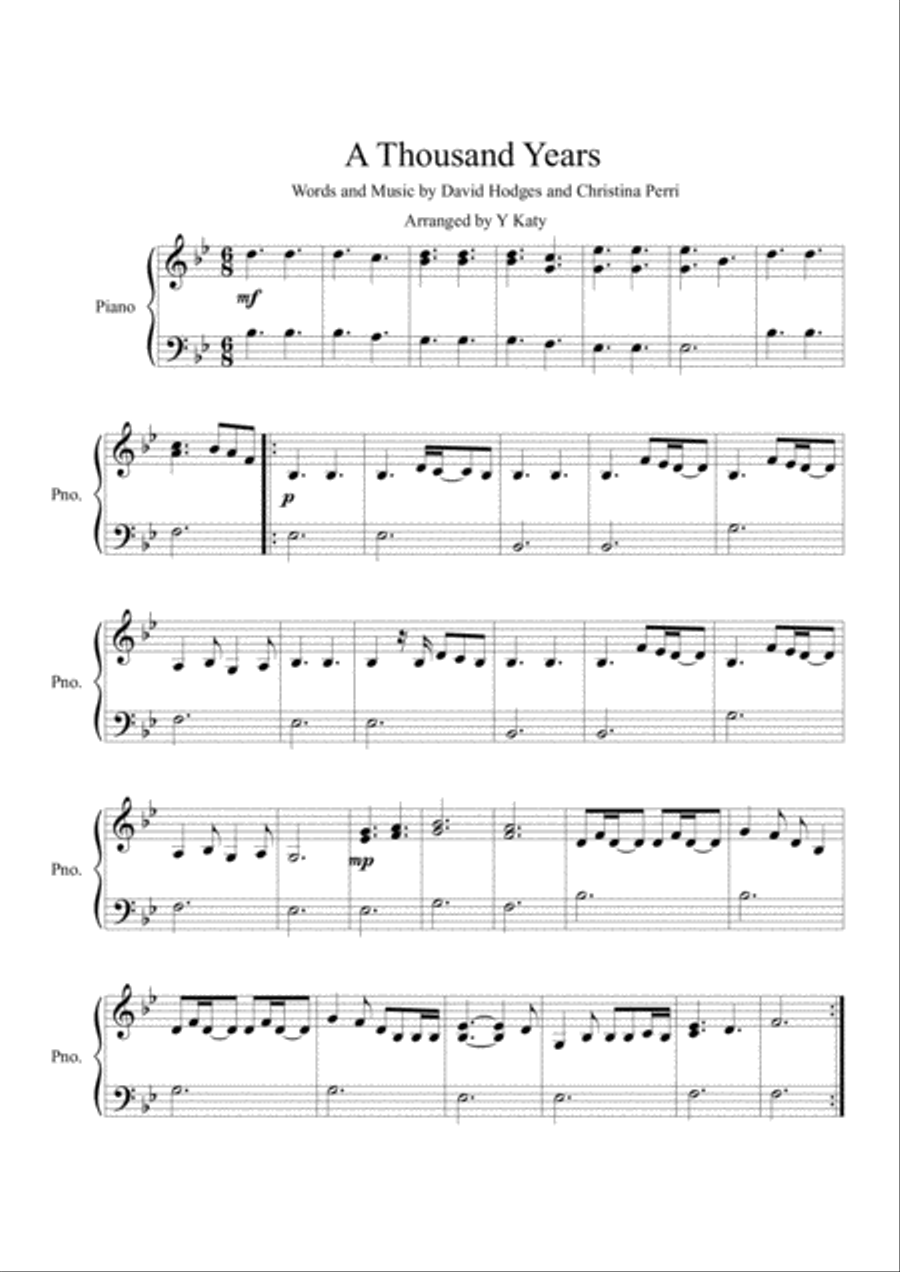 A Thousand Years Easy Piano scores gallery preview page 1