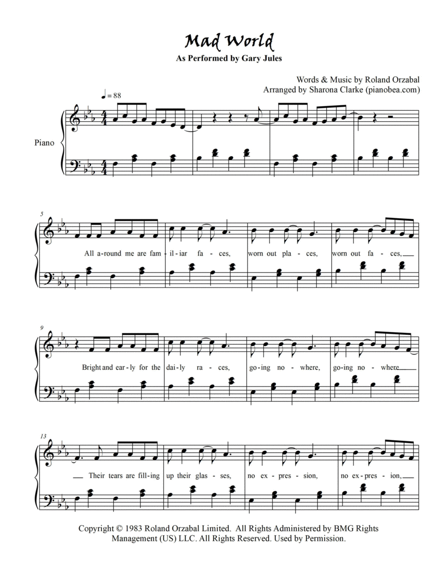 Mad World Piano Solo scores gallery preview page 1