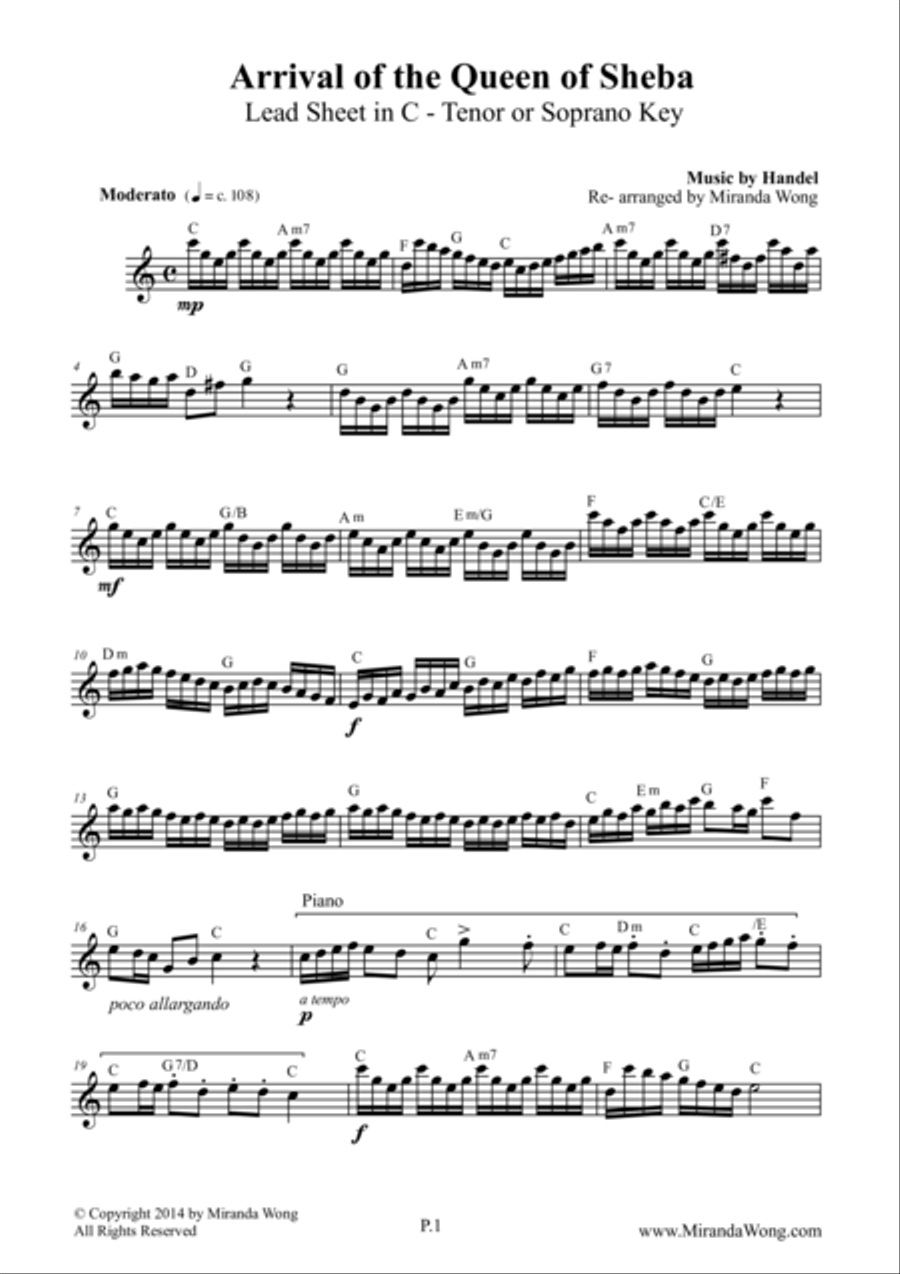 Arrival of Queen of Sheba - Lead Sheet in C for Tenor Saxophone + Concert Key in Bb Small Ensemble scores gallery preview page 1