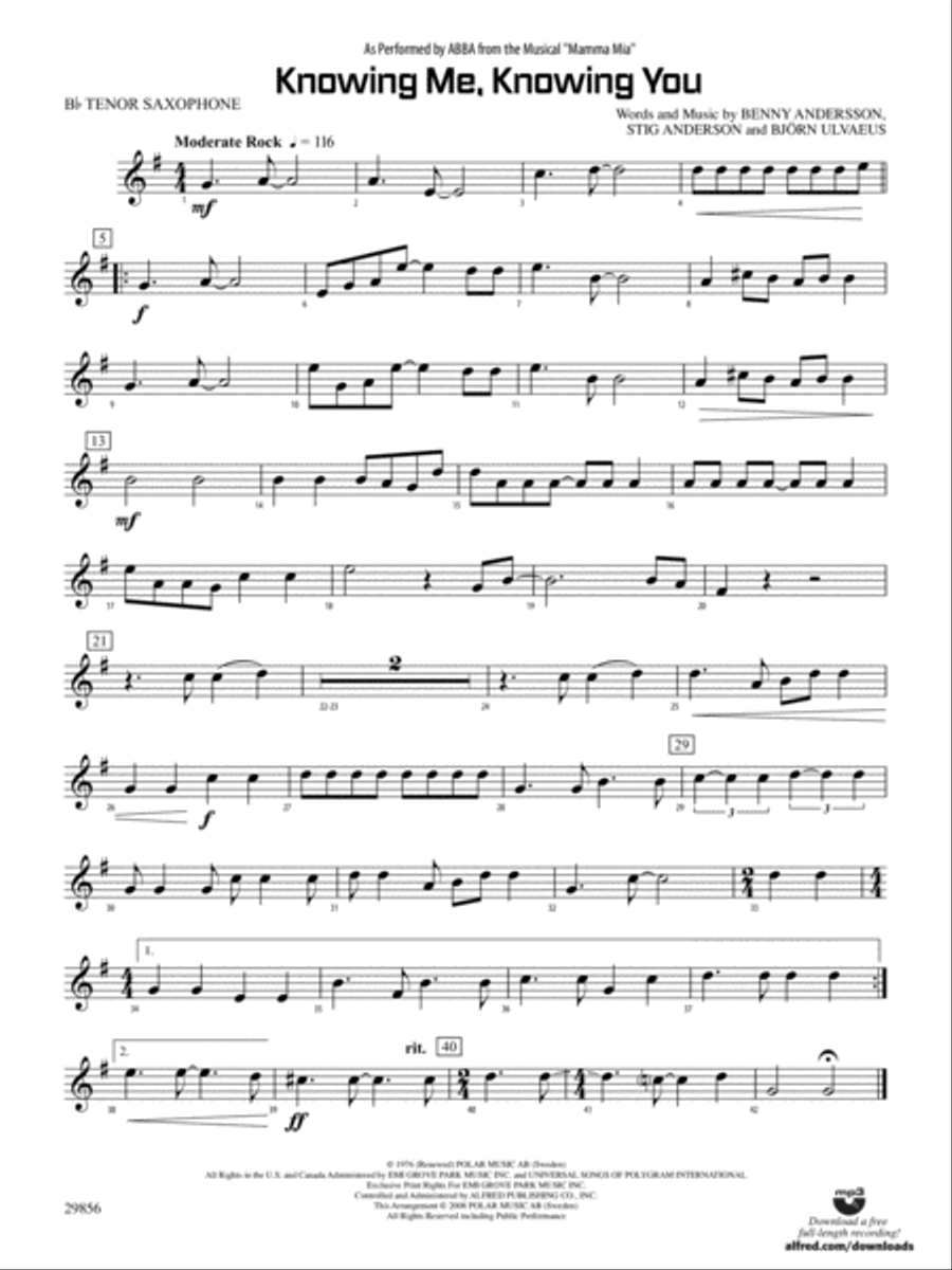Knowing Me, Knowing You (As performed by ABBA from the musical Mamma Mia): B-flat Tenor Saxophone Concert Band scores gallery preview page 1