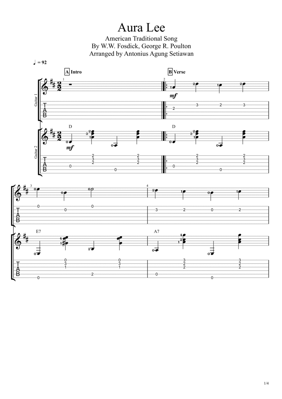 Aura Lee Acoustic Guitar scores gallery preview page 1