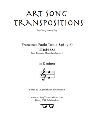 Book cover for TOSTI: Tristezza (transposed to E minor)