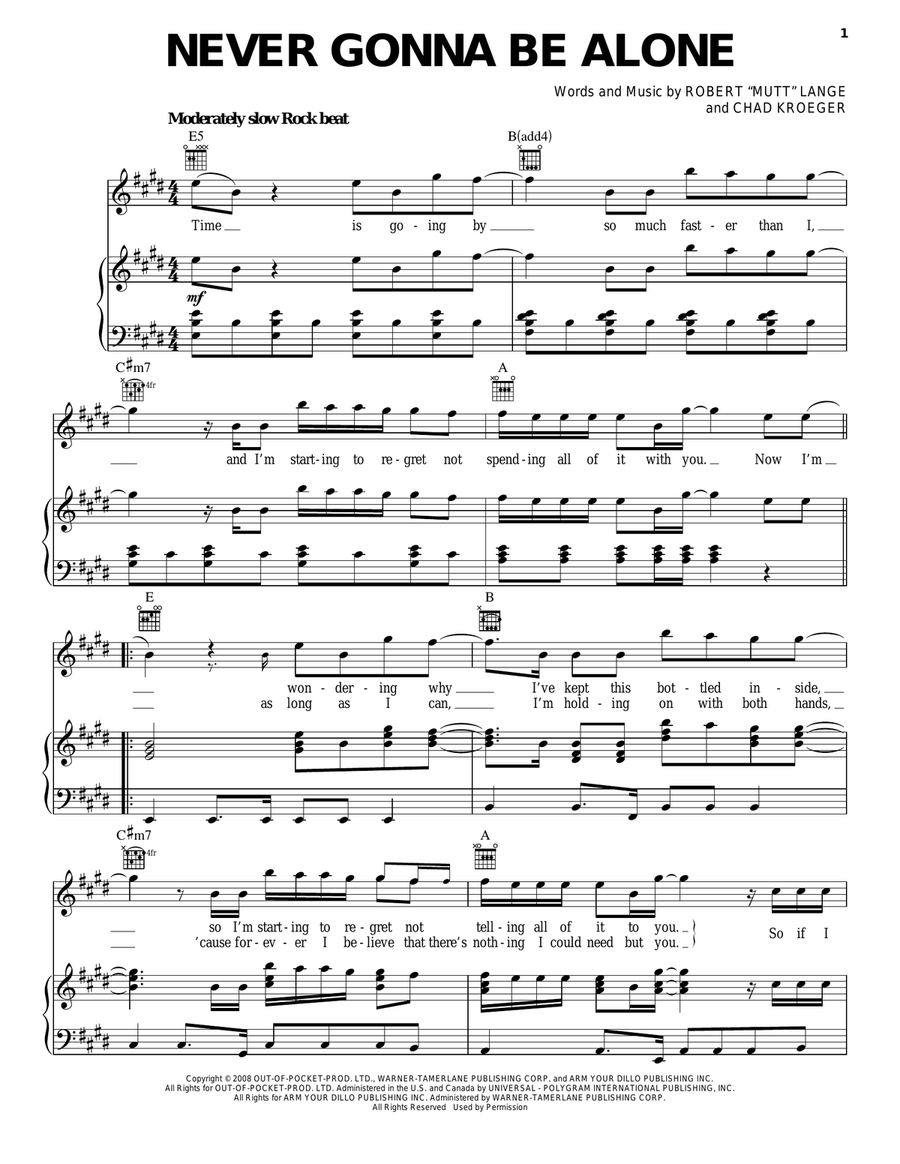 Never Gonna Be Alone Piano, Vocal, Guitar scores gallery preview page 1