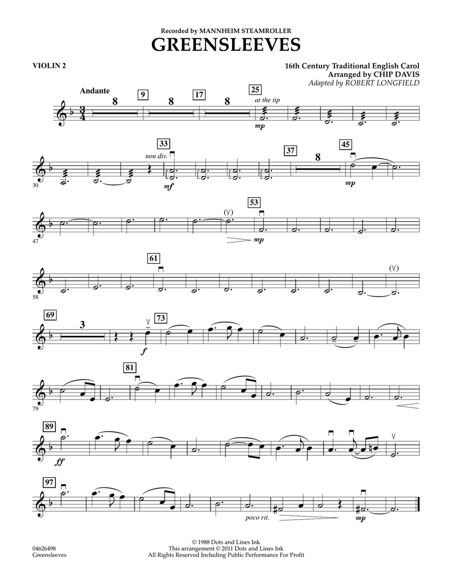 Greensleeves - Violin 2 Orchestra scores gallery preview page 1