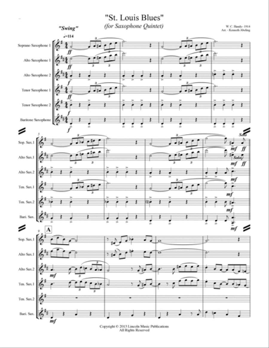 St. Louis Blues (for Saxophone Quintet SATTB or AATTB) Saxophone Quintet scores gallery preview page 2