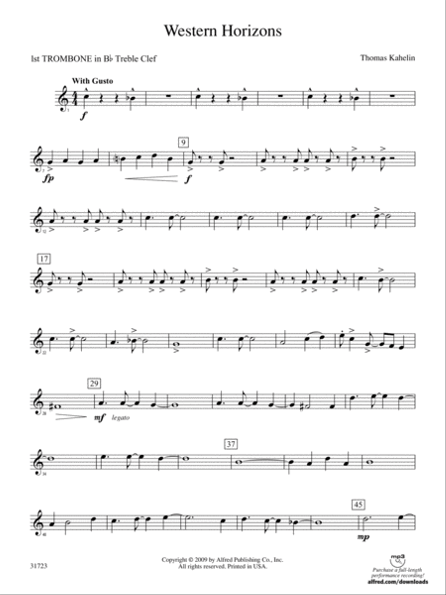 Western Horizons: (World Part) 1st B-flat Trombone T.C. Concert Band scores gallery preview page 1