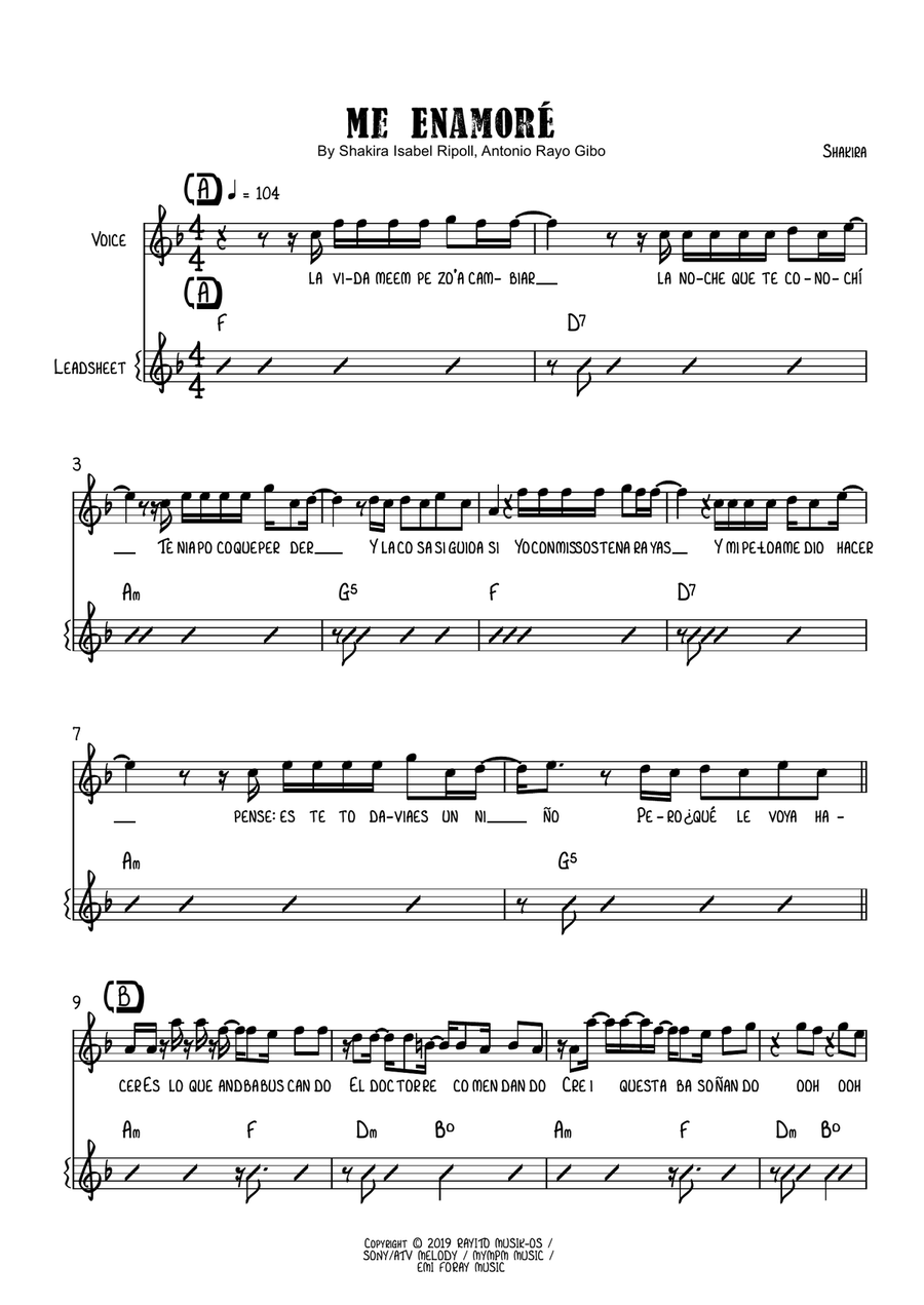 Me Enamore Piano, Vocal scores gallery preview page 1