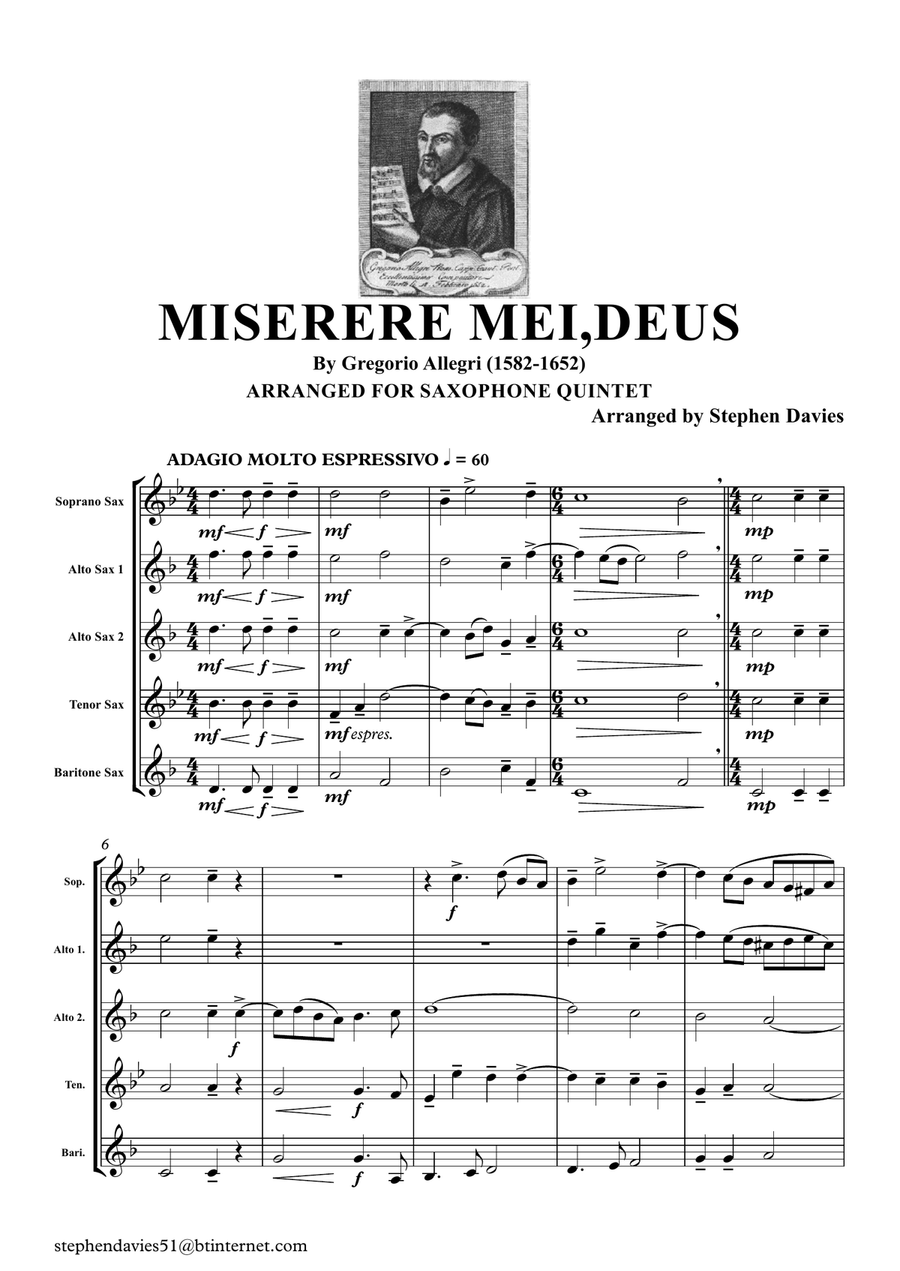 Miserere Mei, Deus by Gregorio Allegri (1582-1652) for Saxophone Quintet. Saxophone Quintet scores gallery preview page 1