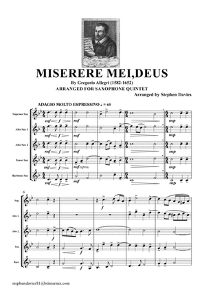 Miserere Mei, Deus by Gregorio Allegri (1582-1652) for Saxophone Quintet.