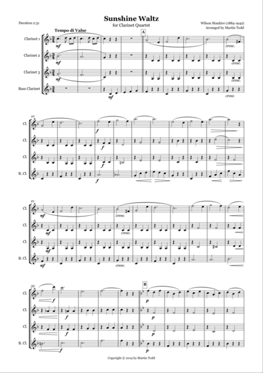 Sunshine Waltz for Clarinet Quartet Clarinet Quartet scores gallery preview page 1