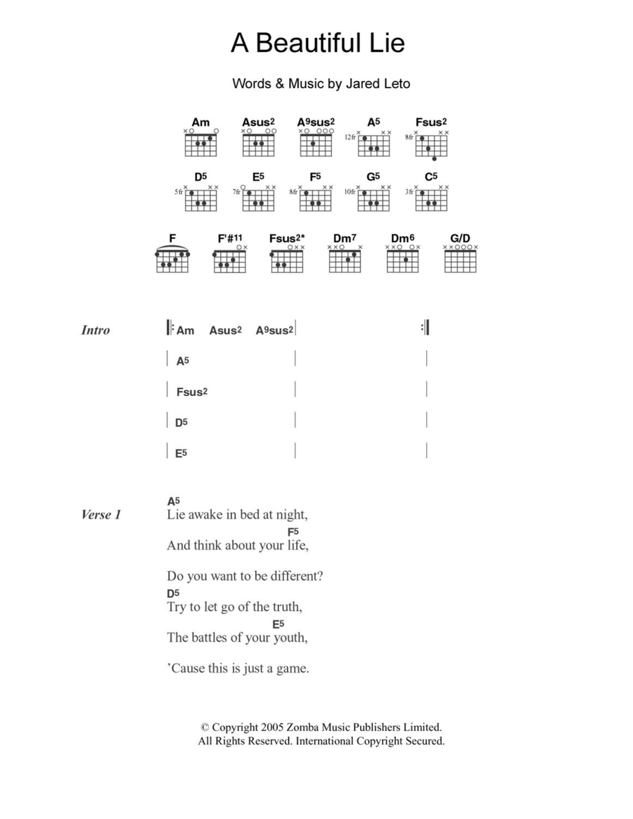 A Beautiful Lie Easy Guitar scores gallery preview page 1