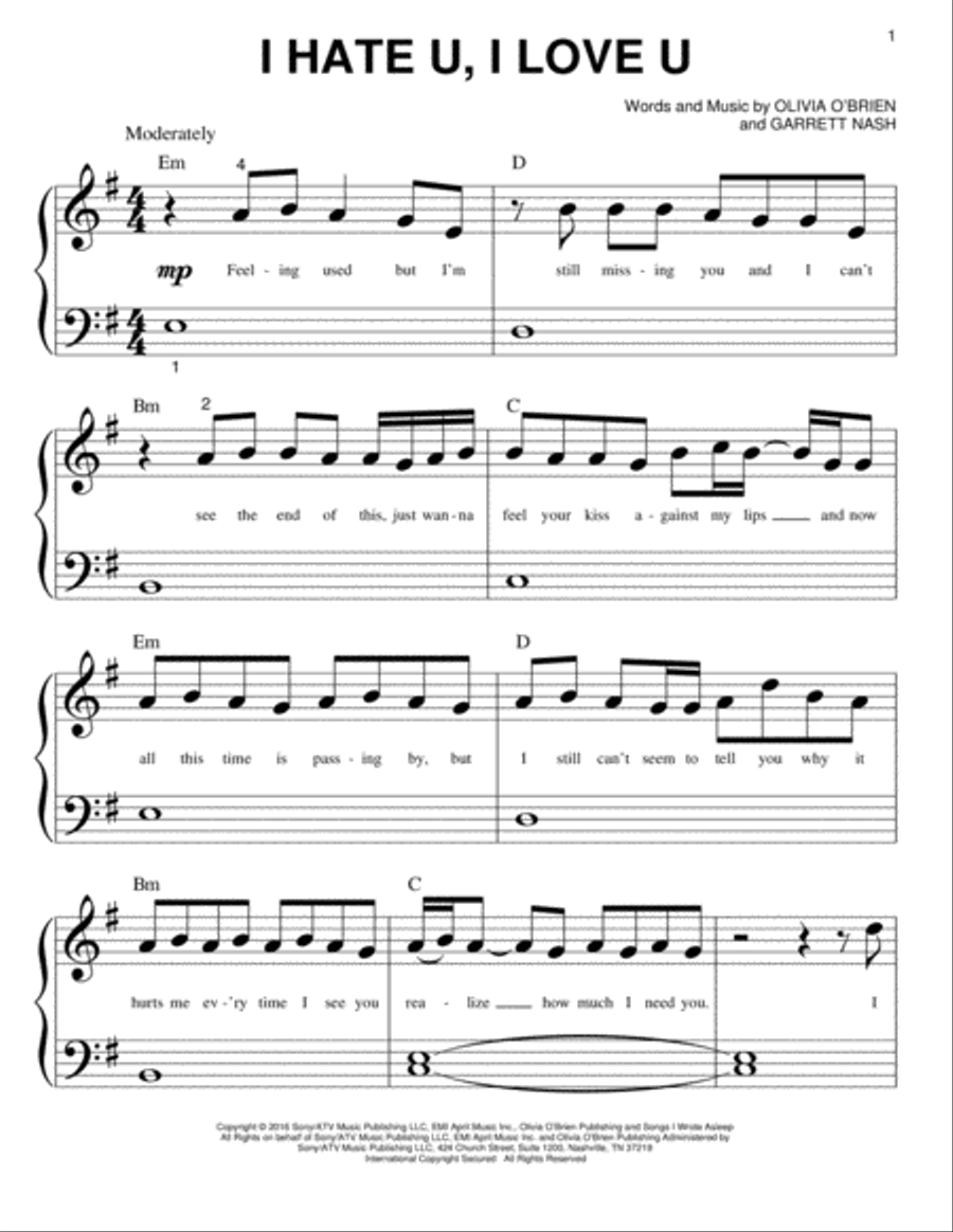 I Hate U, I Love U Easy Piano scores gallery preview page 1