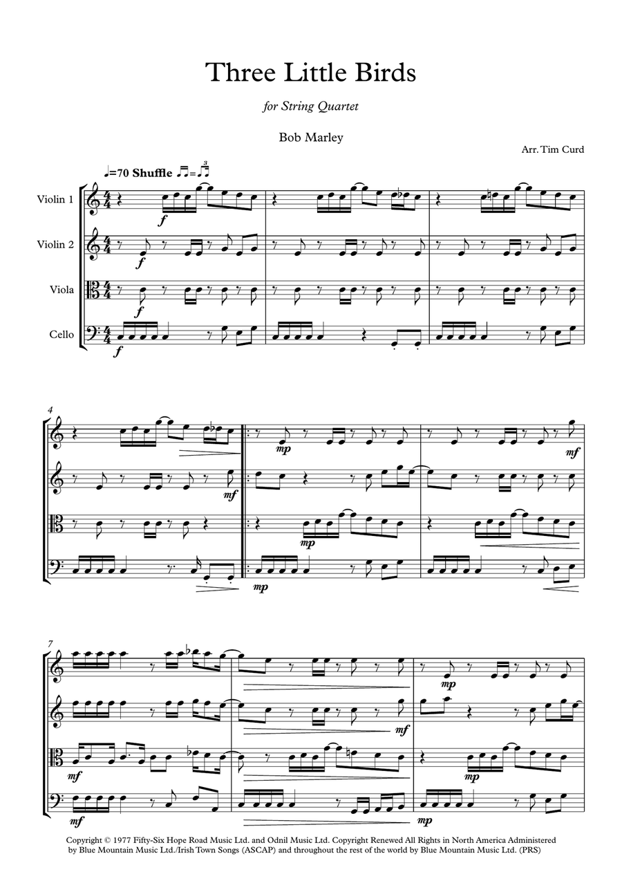Three Little Birds String Quartet scores gallery preview page 1