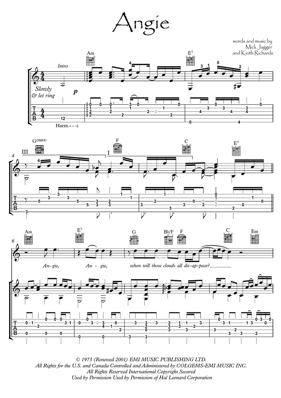 Angie Guitar Tablature scores gallery preview page 1