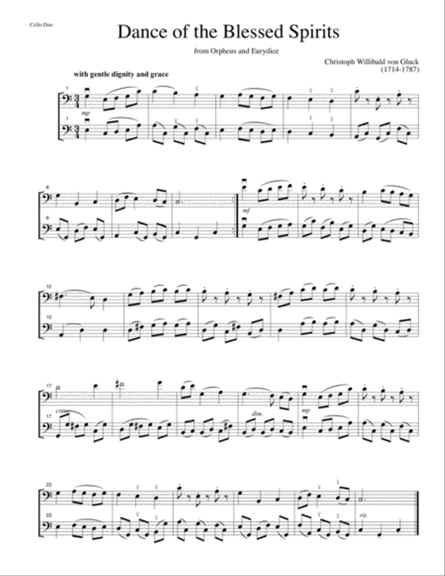 Dance of the Blessed Spirits from Orpheus and Eurydice-for cello duet String Duet scores gallery preview page 1