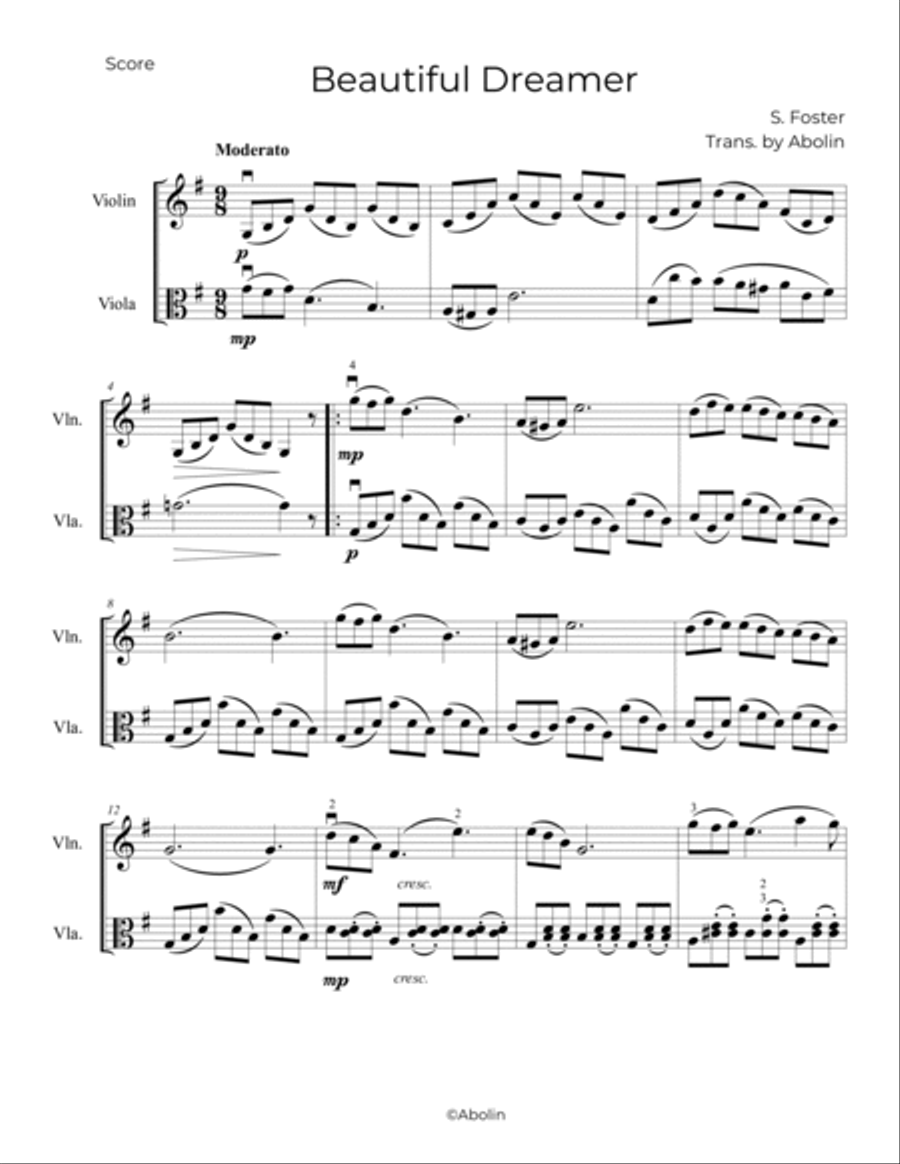 Foster: Beautiful Dreamer - Violin and Viola Duo String Duet scores gallery preview page 2