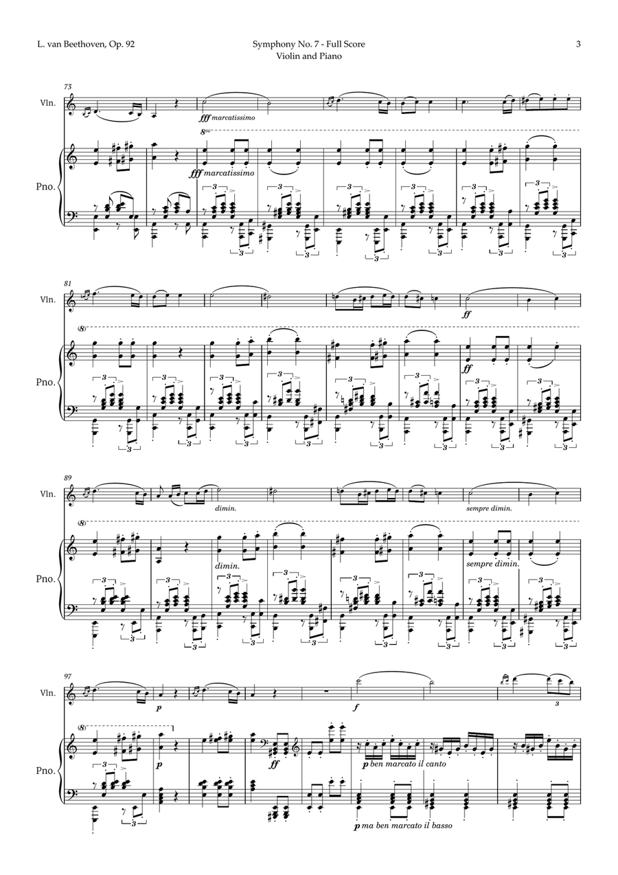 2nd Movement of Symphony No. 7 by Beethoven for Violin and Piano Violin Solo scores gallery preview page 3